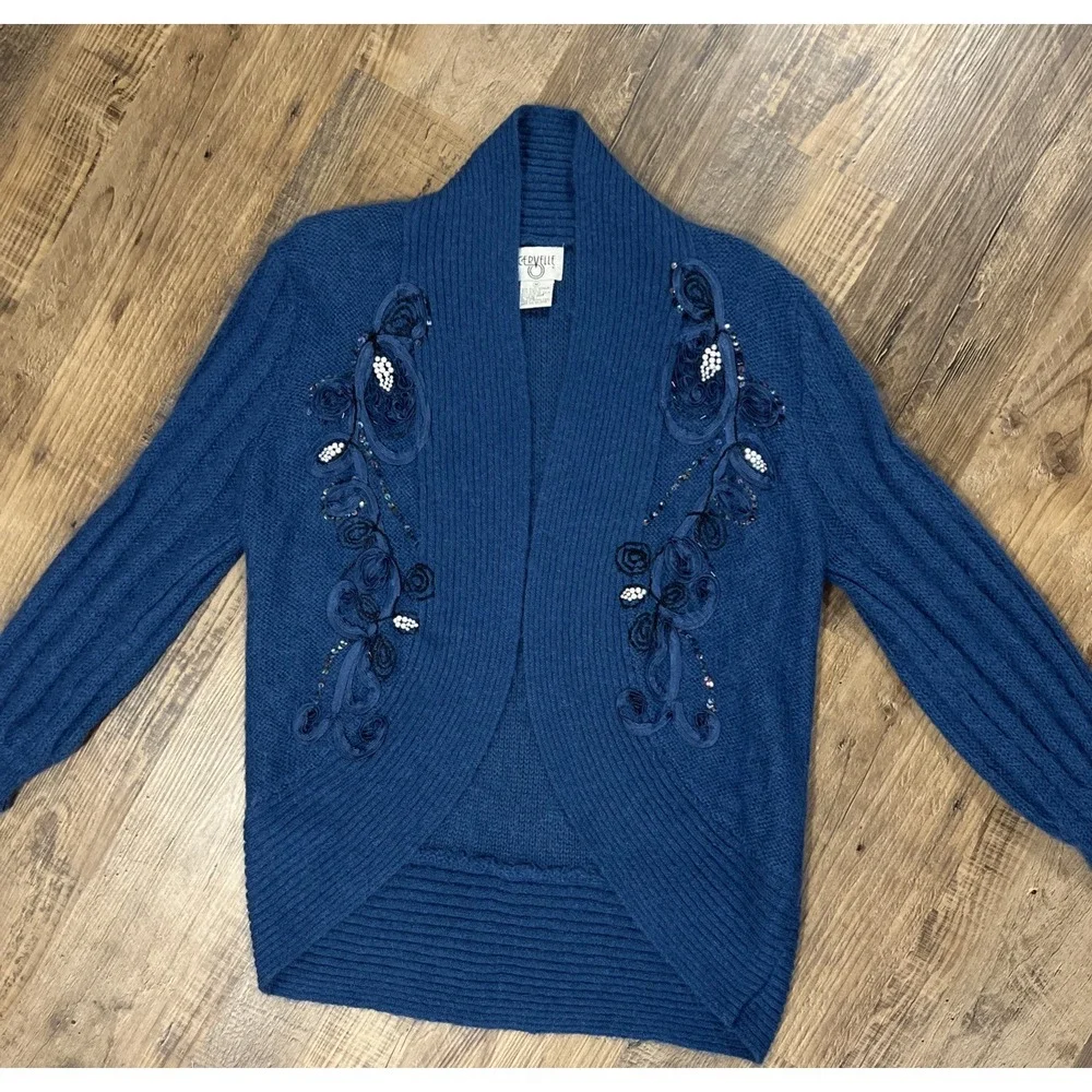 Cervelle Women's Med Blue Mohair‎ Wool Blend Beaded Floral Embroidery Cardigan